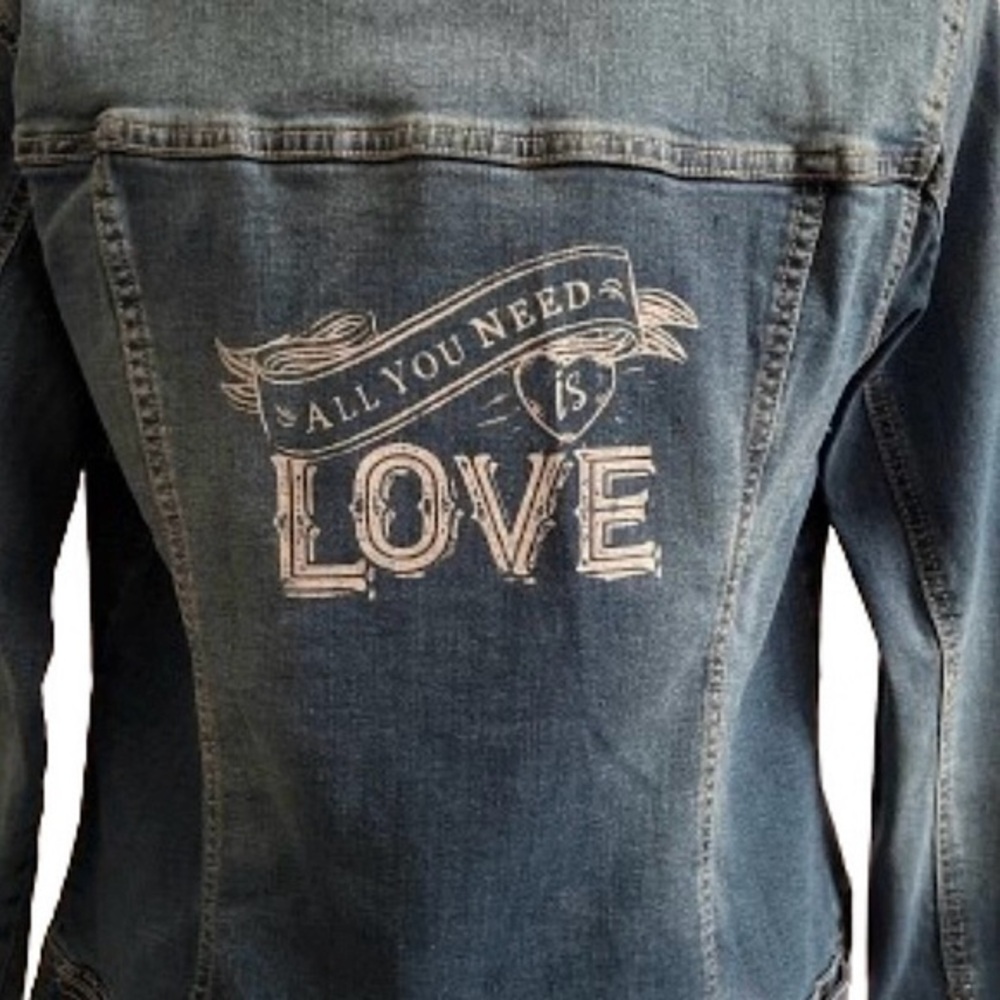 Lana Collection by Yossi denim jean jacket all you need is love small EUC - Picture 3 of 9